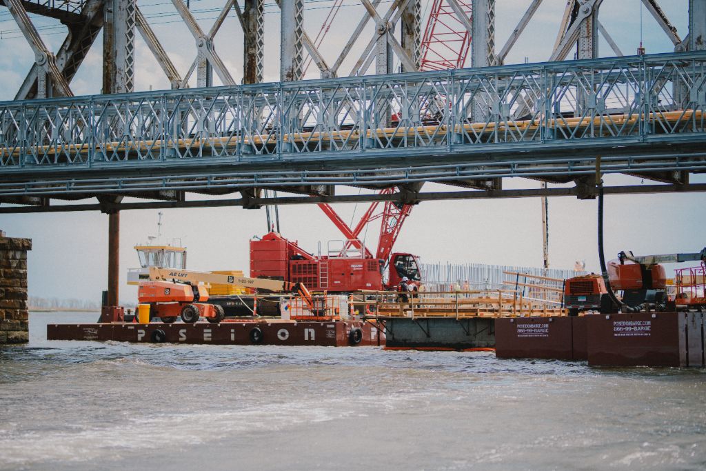 Marine work barge with crane on the Connecticut River